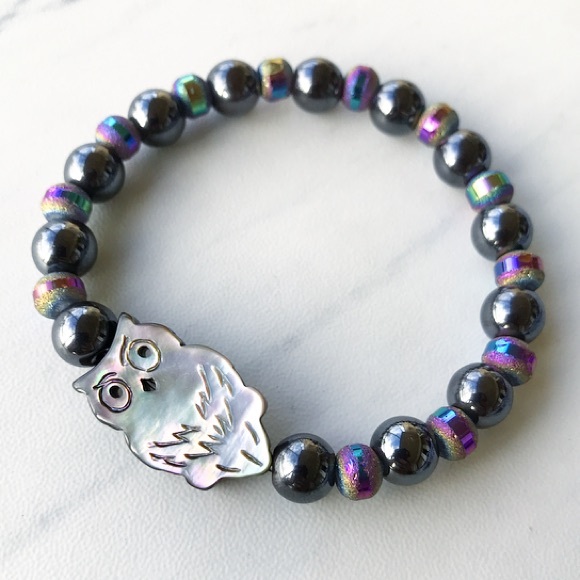 Silverskylight Jewelry - Mother of pearl owl hematite purple druzy bracelet